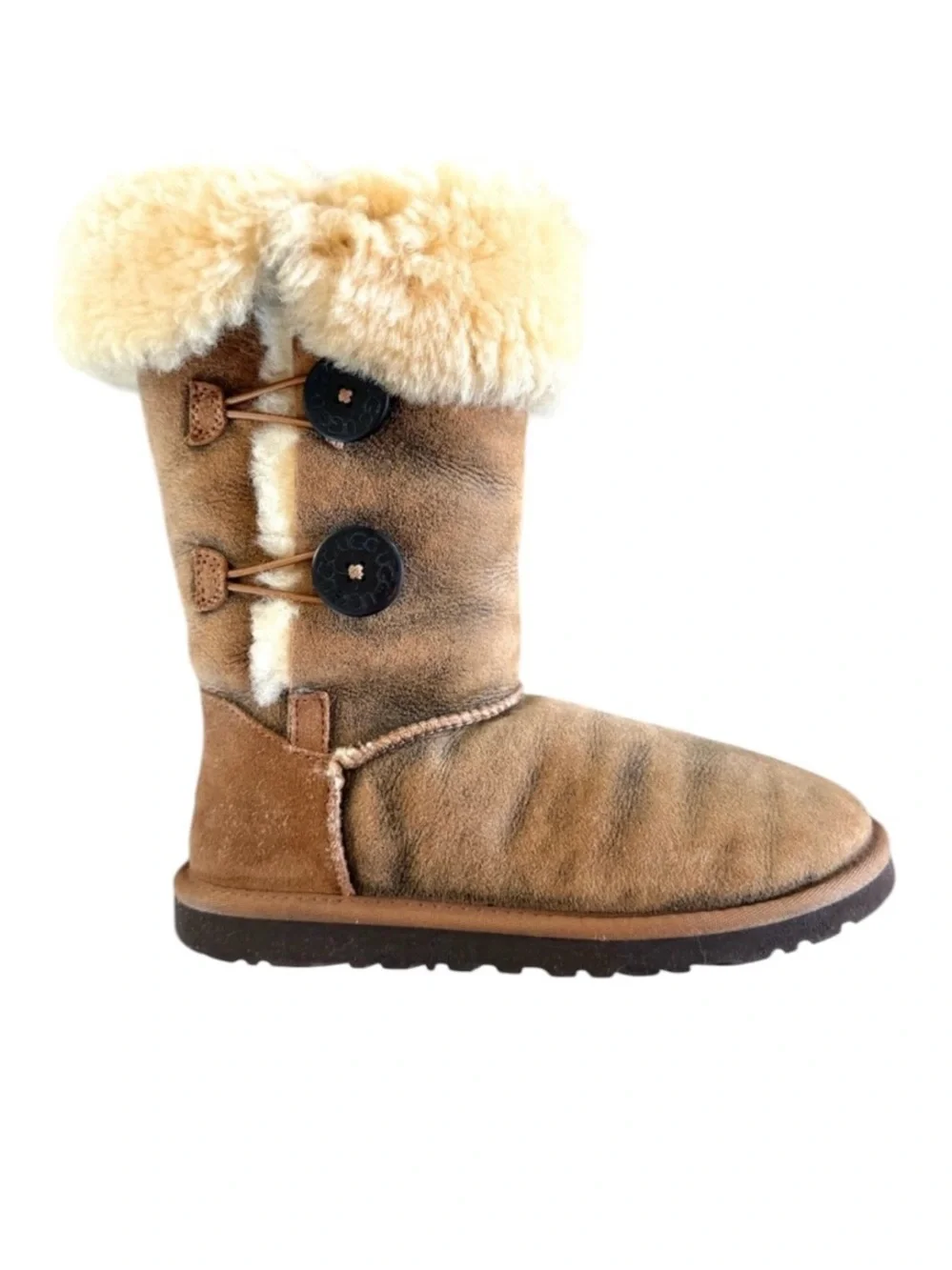 UGG Bailey Button Triplet Tall Sheepskin Boots Brown Cream Women’s 6
